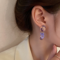 批发实韩国时尚紫色花朵圆珠耳环小众设计感耳钉气质耳坠