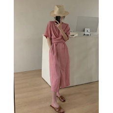 批发韩国<b class='q'>东大门</b>2026夏季新款圆领气质小众纯色显瘦开叉短袖<b class='q'>连衣裙</b>女裙