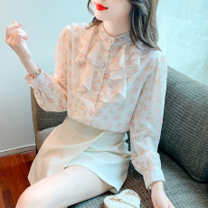 批发实拍+ 视频2026秋款<b class='q'>长袖</b>法式雪纺衬衫女立领洋气衬衣