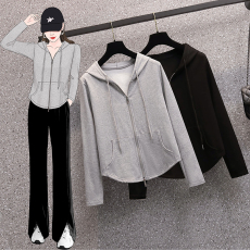 批发实拍<b class='q'>大码</b>女装胖mm春季设计感连帽<b class='q'>开衫</b>双拉链休闲外套宽松百搭上衣