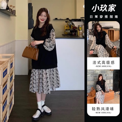 现货 哺乳衣外出秋季印花卫衣拼接辣妈产后喂奶碎花假两件连衣裙