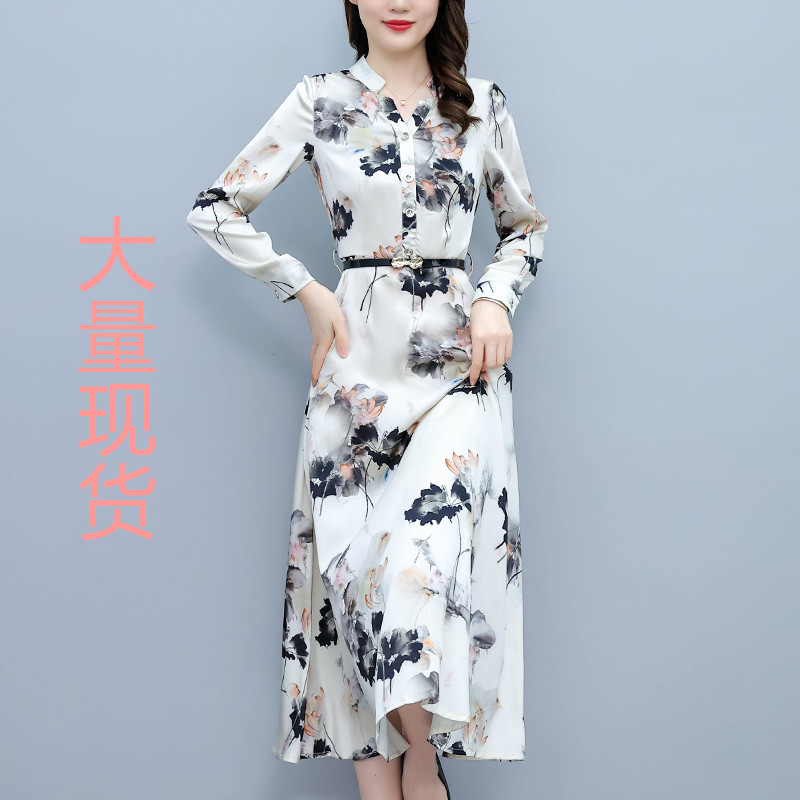 PF23690#新款长袖醋酸缎面印花连衣裙修身时尚中长裙女女裝貨源服裝批發
