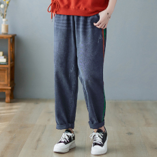 批发复古撞色拼接直筒大码<b class='q'>牛仔裤</b>女夏<b class='q'>松紧</b>腰宽松显瘦休闲哈伦裤九分裤