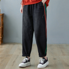 批发复古撞色拼接直筒大码<b class='q'>牛仔裤</b>女夏<b class='q'>松紧</b>腰宽松显瘦休闲哈伦裤九分裤