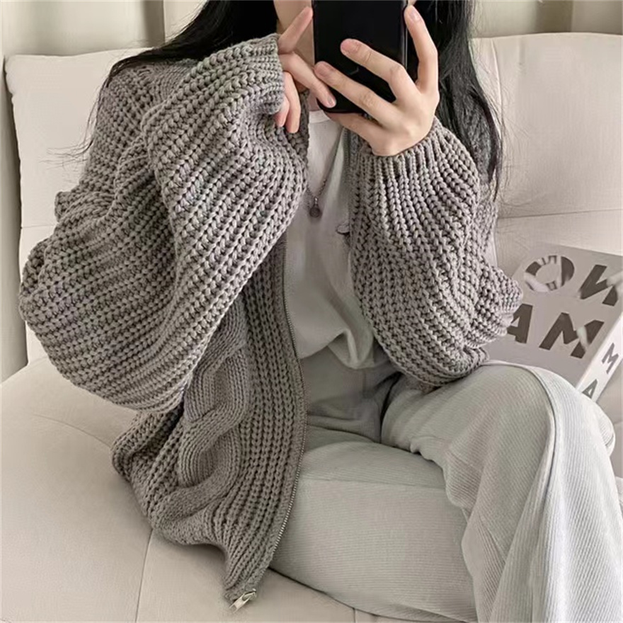 한국 chic 레트로 느긋한 바람 라운드 넥 지퍼 마 무늬 루즈핏 두꺼운 바늘 두꺼운 오픈 가디건 스웨터 여성 코트
