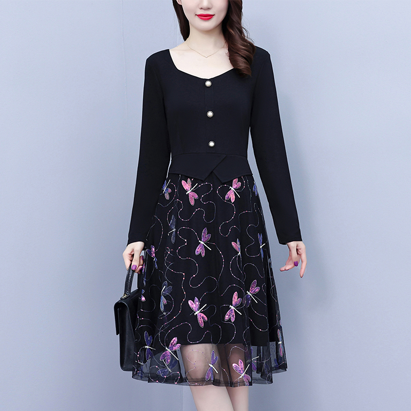 PF19898#大码女装秋季胖mm时尚拼接网纱刺绣遮肚洋气中年妈妈法式连衣裙女裝貨源服裝批發