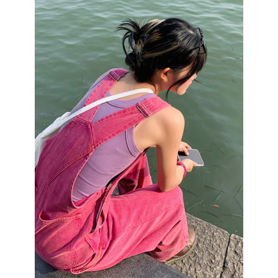粉色牛仔背带裤女夏大码显瘦遮肉直筒小个子胖mm宽松高腰阔腿长裤