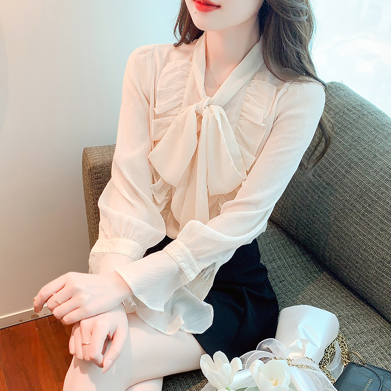 PF20278#超仙甜美法式别致小上衣杏色衬衫女蝴蝶结长袖设计感衬衣女裝貨源服裝批發