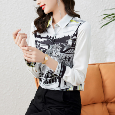 批发实拍2026春新款欧货缎面长袖撞色<b class='q'>印花</b><b class='q'>衬衫</b>女设计感小众高端上衣