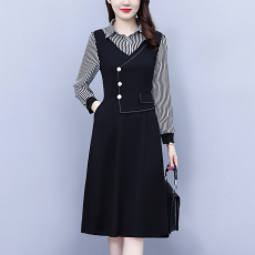 批发大码女装秋季新款韩版条纹衬衣领拼接时尚显瘦中年<b class='q'>妈妈</b><b class='q'>连衣裙</b>