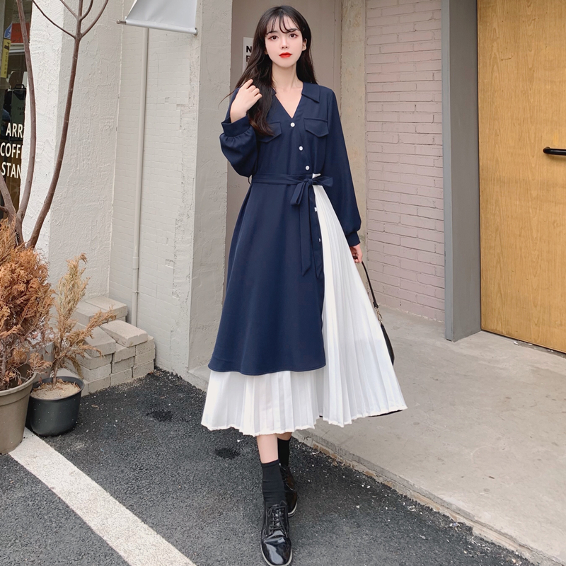 Spring plus size women's clothing for fat mm, French design, preppy dress, irregular temperament, Hepburn style long dress