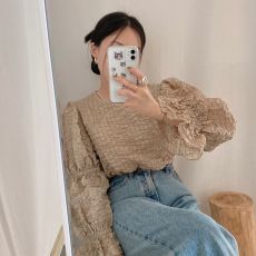 批发<b class='q'>韩国</b>chic 秋季法式小众仙气泡泡皱褶圆领灯笼袖雪纺衬衫上衣女