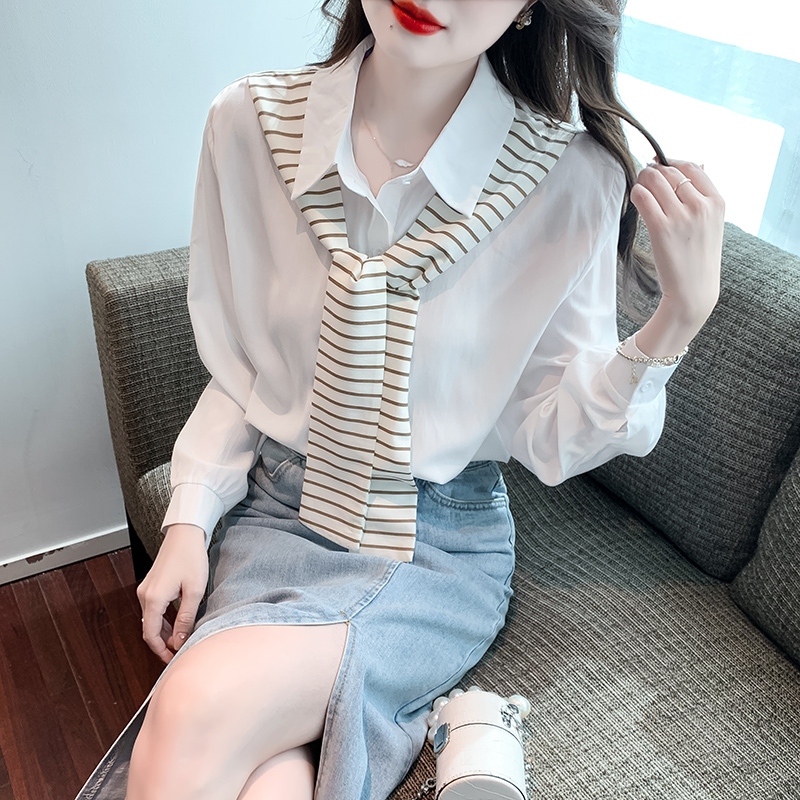 MY70062# 设计感小众白色衬衣上衣女新款条纹拼接假两件别致衬衫女裝貨源服裝批發