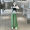 实拍实价 复古花卉印花显瘦设计感吊带泡泡袖衬衣+绿色长裤女套装轮播图2