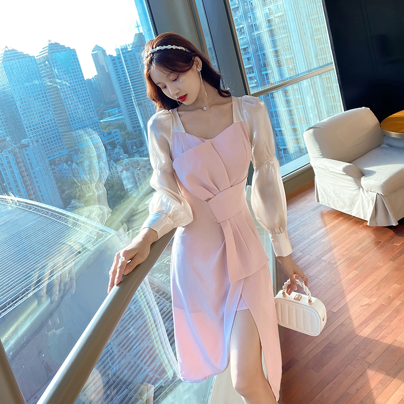 MY469# 通勤拼接蝴蝶结开叉中长连衣裙女裝貨源服裝批發