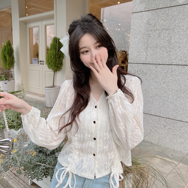 PF28671#复古V领抽绳设计感衬衫别致蕾丝百搭上衣M-4XL200斤女裝貨源服裝批發