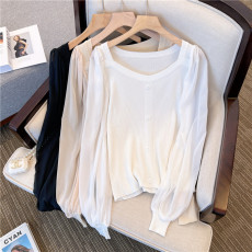 批发实拍胖MM大码新款方领上衣小众拼接针织长袖短款衬衫女