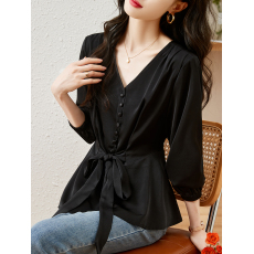 批发<b class='q'>大码</b>2026春季新款法式v领气质上衣显瘦遮肉设计感收腰别致衬衫潮