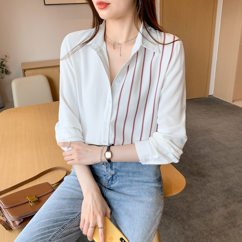 MY17201# 洋气休闲新款女装翻领条纹雪纺衫上衣开衫衬衫打底衫衬衣女裝...