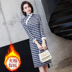 批发长袖旗袍秋冬年轻款少女加厚加绒保暖格子名媛气质<b class='q'>连衣裙</b>