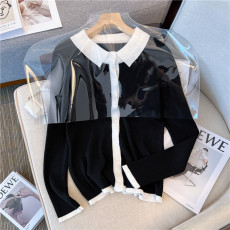 批发实拍新款大码针织撞色polo领长袖胖MM新款显瘦开衫上衣