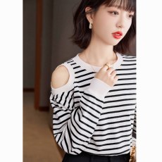 实拍◆有现货◆2023年秋装新款全面针织条纹休闲露肩卫衣宽松长袖
