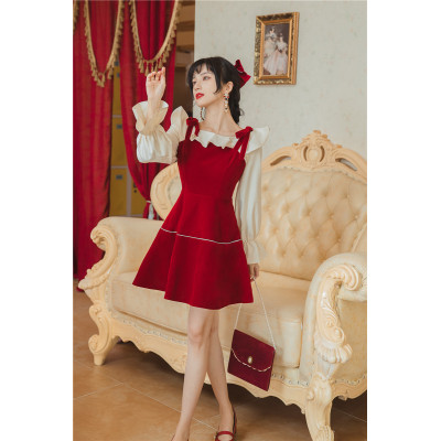 现货秋款实拍小清晰红色丝绒吊带时尚甜美两件套连衣裙
