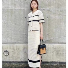 批发日本设计夏季新款镂空翻领条纹撞色针织开衫<b class='q'>连衣裙</b>套装