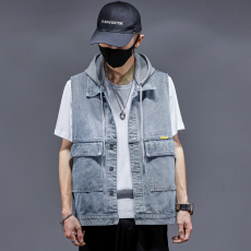 批发潮牌男士宽松牛仔马甲2022<b class='q'>夏</b>季学生复古连帽可卸无袖坎肩马夹背心