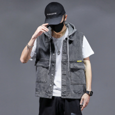 批发潮牌男士宽松牛仔马甲2022<b class='q'>夏</b>季学生复古连帽可卸无袖坎肩马夹背心