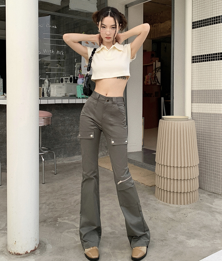 실사 2026 봄 여름 새로운 ins 트렌디 핫걸 워크웨어 팬츠 주머니 몸매 가꾸기 슬림해 보이는 길다 다리 부츠컷 와이드 레깅스 바지