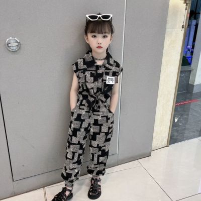 女童2022夏季薄款网红炸街套装洋气格纹时尚无袖超酷拽姐两件套潮