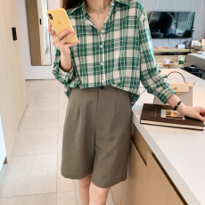 批发实拍洋气港风秋季新款女装翻领格子<b class='q'>雪纺</b><b class='q'>衫</b>上衣开衫衬衫打底衬衣