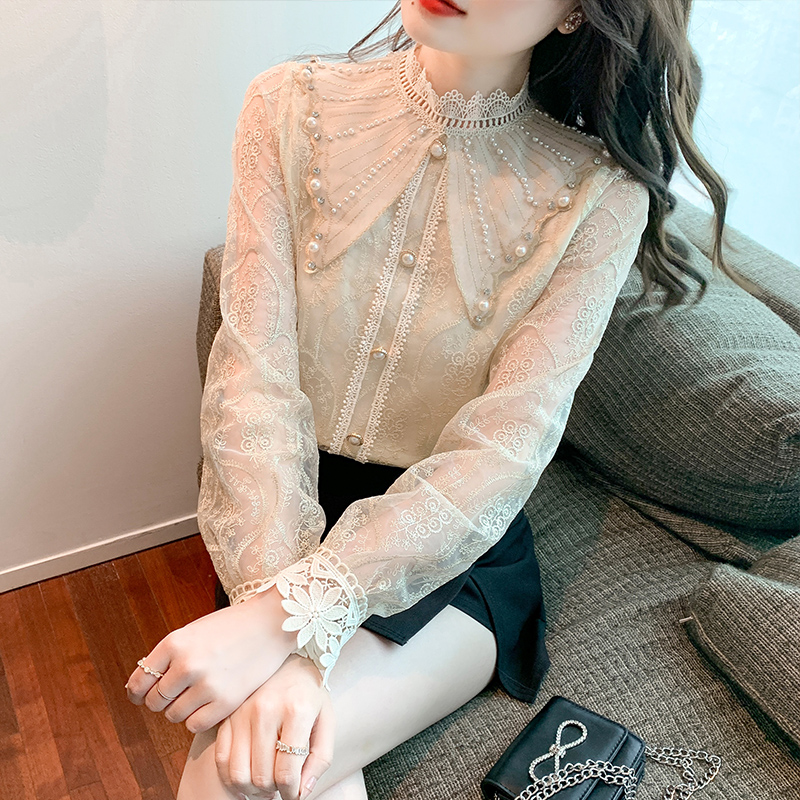 실사 2026 가을 새로운 프랑스식 레이스 여성 셔츠 빛 럭셔리 무거운 작업 스탠드 칼라 레이스 자수 자수 셔츠