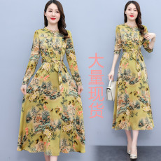 批发实拍2026春季新款醋酸缎面<b class='q'>雪纺</b>拼接<b class='q'>连衣裙</b>中长款气质长裙