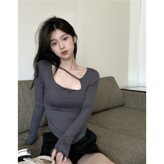 批发韩国外贸韩版T恤女不规则修身长袖内搭<b class='q'>打底衫</b>秋季新款设计感上衣