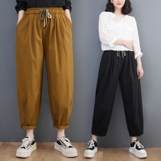 批发实拍<b class='q'>秋</b>款文艺范 松紧腰绑带哈伦裤 百搭裤加厚弹力竹节洗水休闲裤