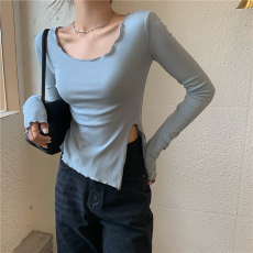 批发韩国外贸韩版新款纯色T恤女短款不规则修身开叉长袖内搭<b class='q'>打底衫</b>