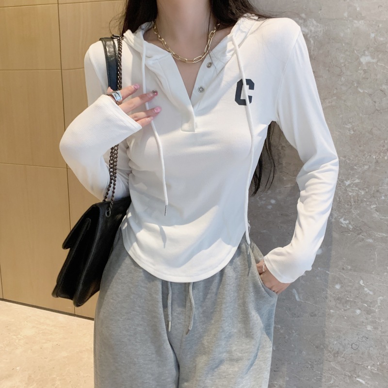 PF21487#百搭长袖V领T恤打底衫连帽卫衣女女裝貨源服裝批發