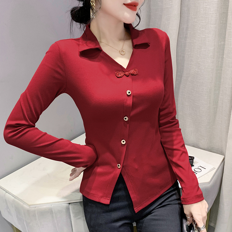 불규칙 POLO 칼라 긴팔 티셔츠 여성 가을 국풍 단추 디자인 센스 작은 대중 몸매 가꾸기 트임 맨위
