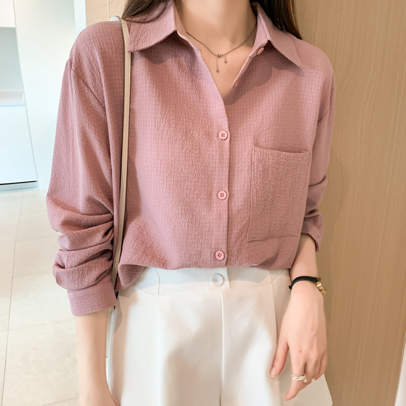 PF19818#洋气港风秋季新款女装纯色格子雪纺衫上衣开衫衬衫打底衬衣女裝貨源服裝批發