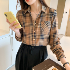 批发实拍洋气港风秋季新款女装翻领格子<b class='q'>雪纺</b><b class='q'>衫</b>上衣开衫衬衫打底衬衣
