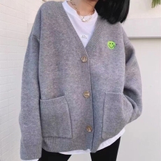 现货 韩版毛衣2022新款秋款v领宽松中长款开衫笑脸外套女百搭