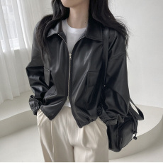 批发尺寸已更新 韩国翻领双开拉链设计大口袋抽绳系带长袖皮衣外套