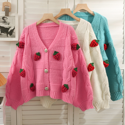 甜美风立体草莓宽松显瘦单排扣针织衫女韩版时尚百搭长袖开衫毛衣
