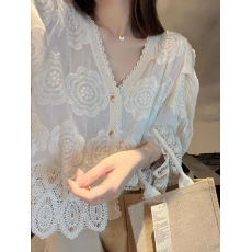 批发v领开衫蕾丝玫瑰花雪纺衬衫女秋季新款法式复古宽松长袖上衣