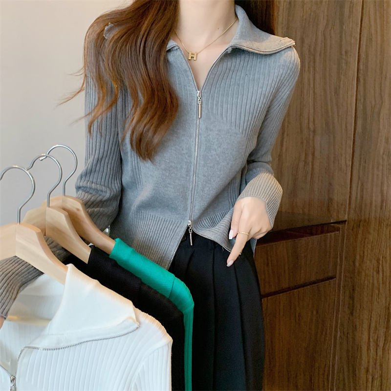 New Korean style design lapel double zipper pit strip versatile loose long-sleeved knitted cardigan top