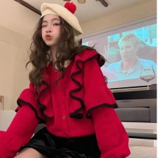 批发韩版复古荷叶边毛衣<b class='q'>开衫</b>外套女秋冬季2025年新款宽松短款<b class='q'>针织</b>上衣