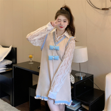 实拍 大码女装2022秋冬新款针织马甲套装胖妹妹蕾丝打底两件套