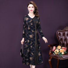 批发实拍新款贵夫人印花女装V领洋气烫钻中年韩版妈妈修身亮丝连衣裙